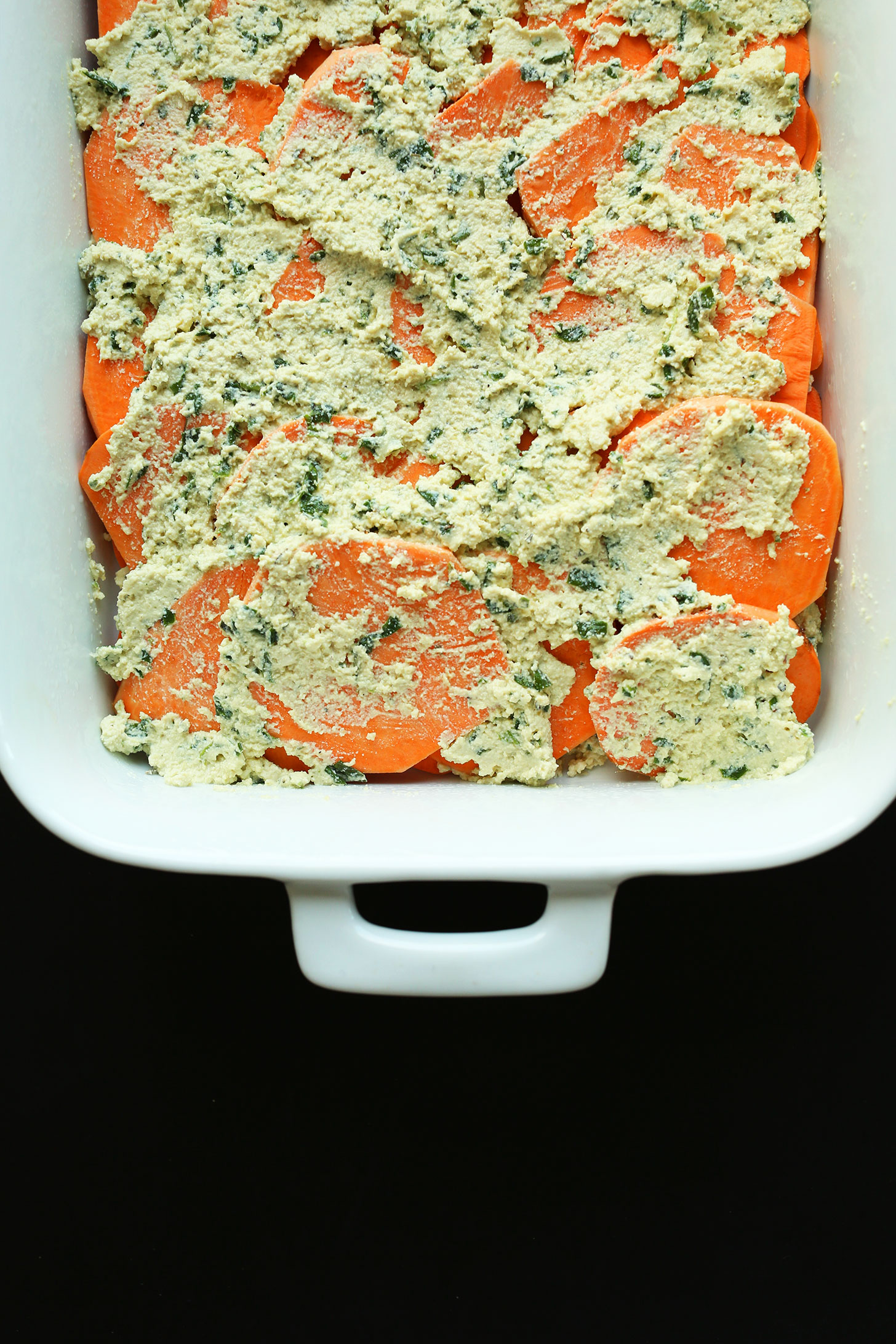 Baking pan filled with gluten-free vegan Sweet Potato Lasagna