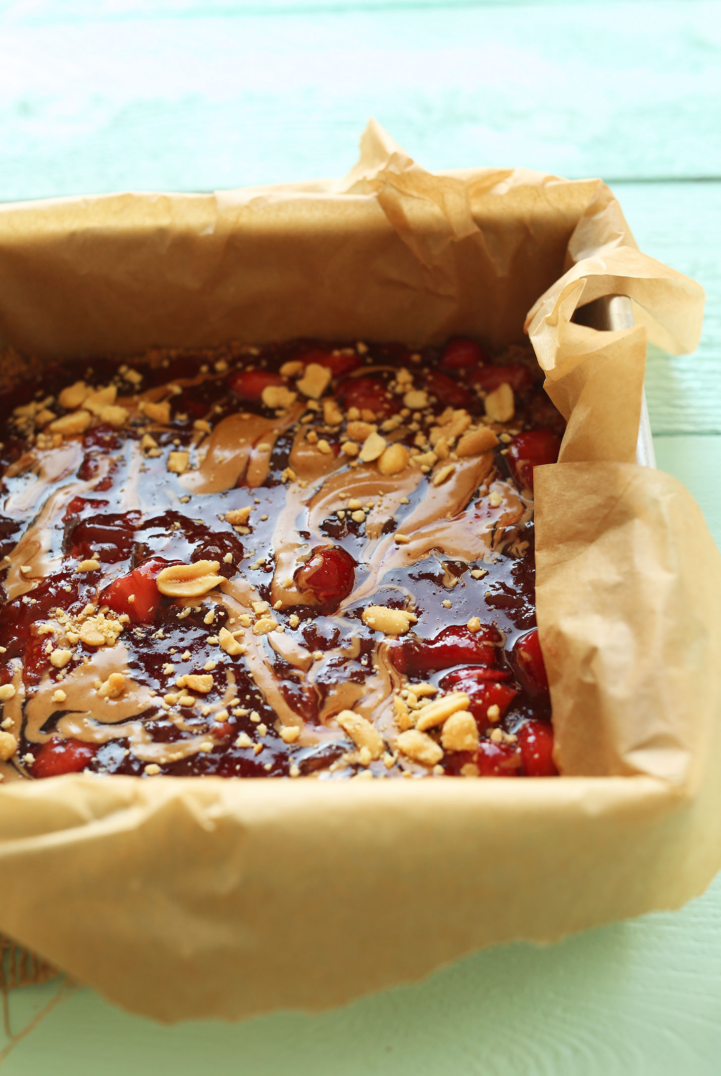 PB&J Snack Bars with marbled peanut butter and fruit layer