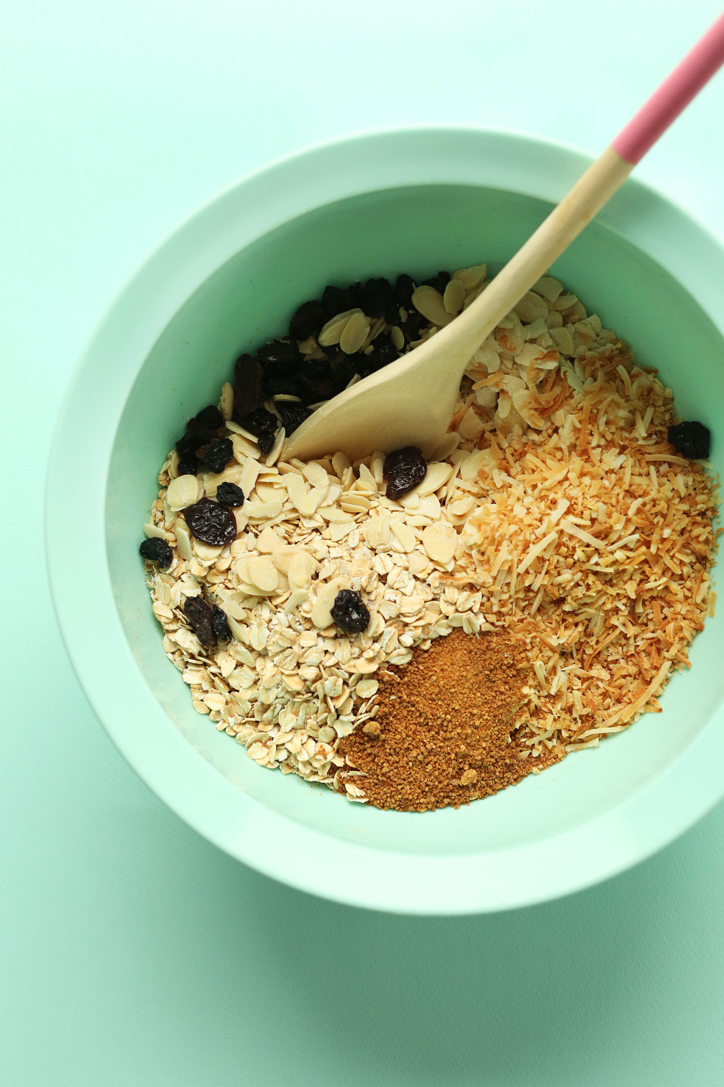 Mixing bowl with ingredients for our naturally-sweetened Toasted Coconut Baked Oatmeal