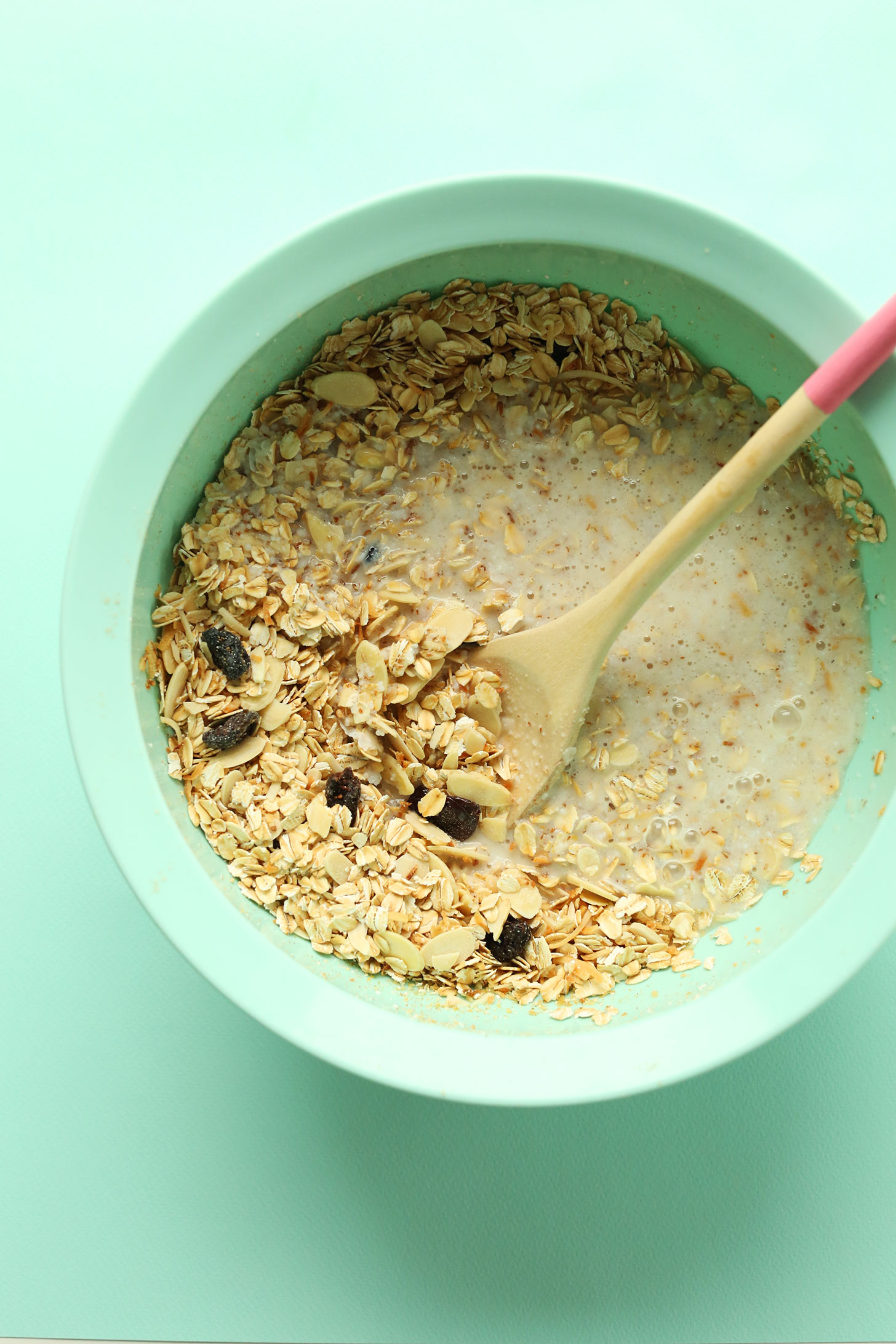 Stirring ingredients together for gluten-free vegan Toasted Coconut Baked Oatmeal