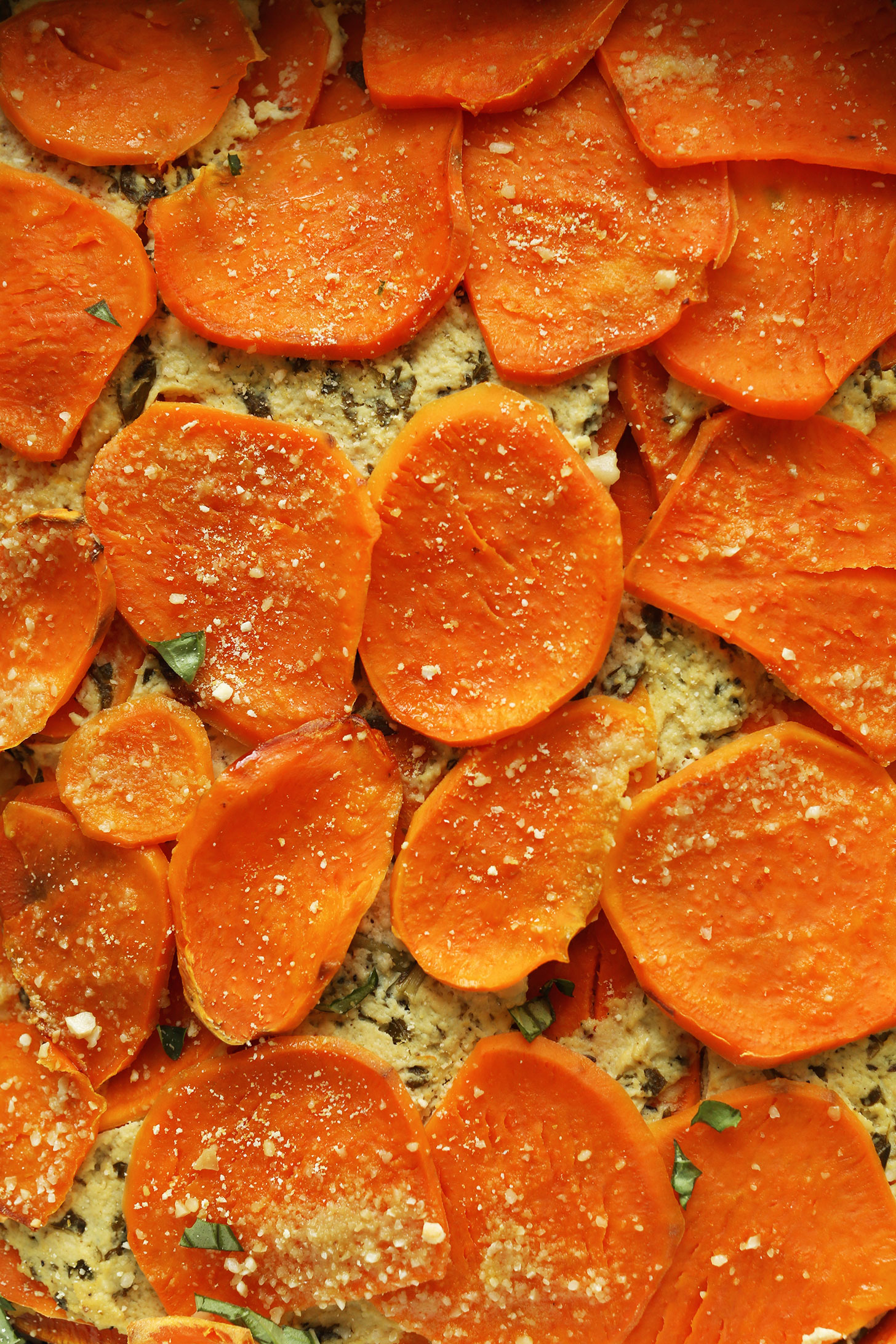 Photo showing the sweet potato layer of our Vegan Sweet Potato Lasagna