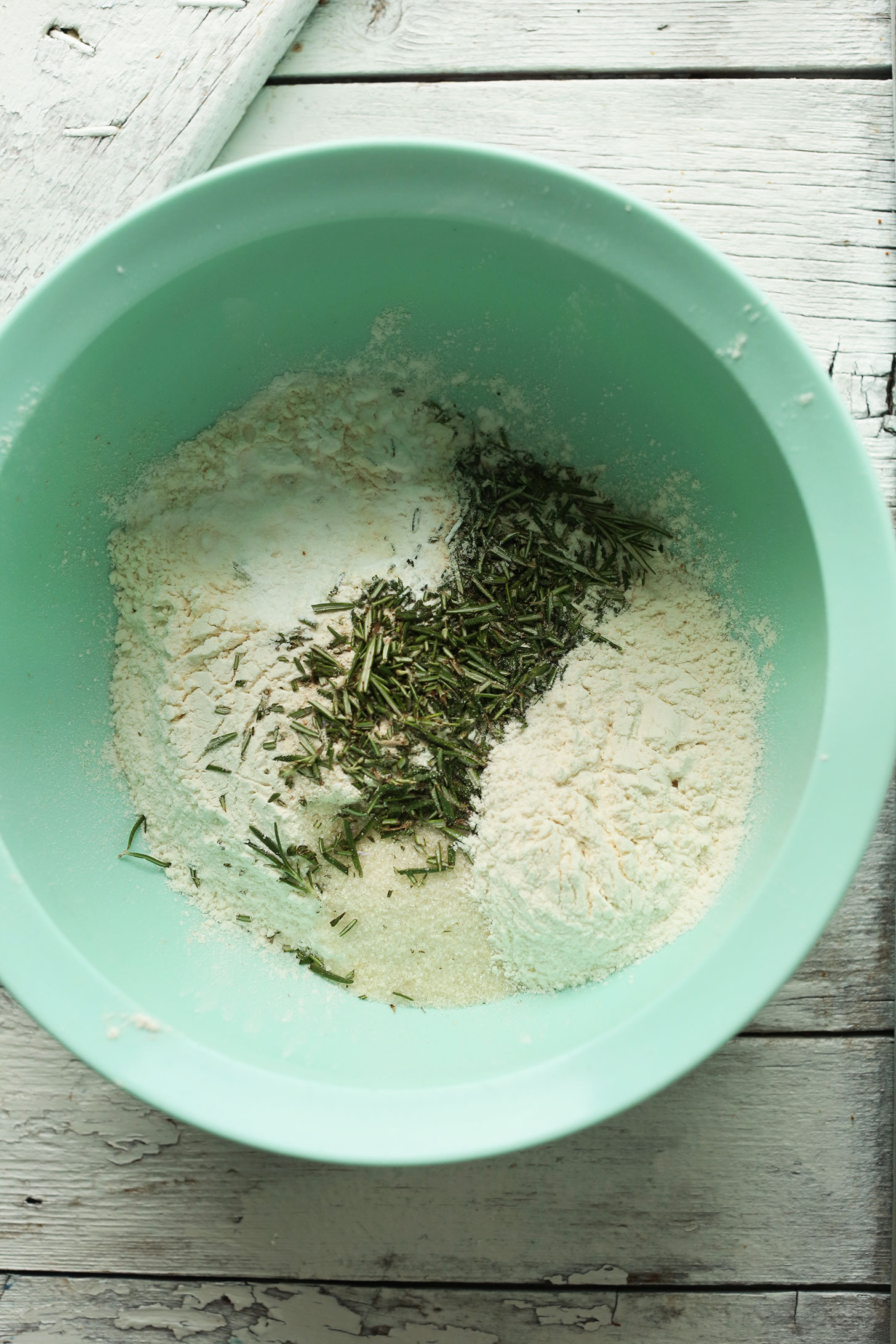 Mixing bowl with dry ingredients for Vegan Blueberry Scones with Spelt Flour and Rosemary