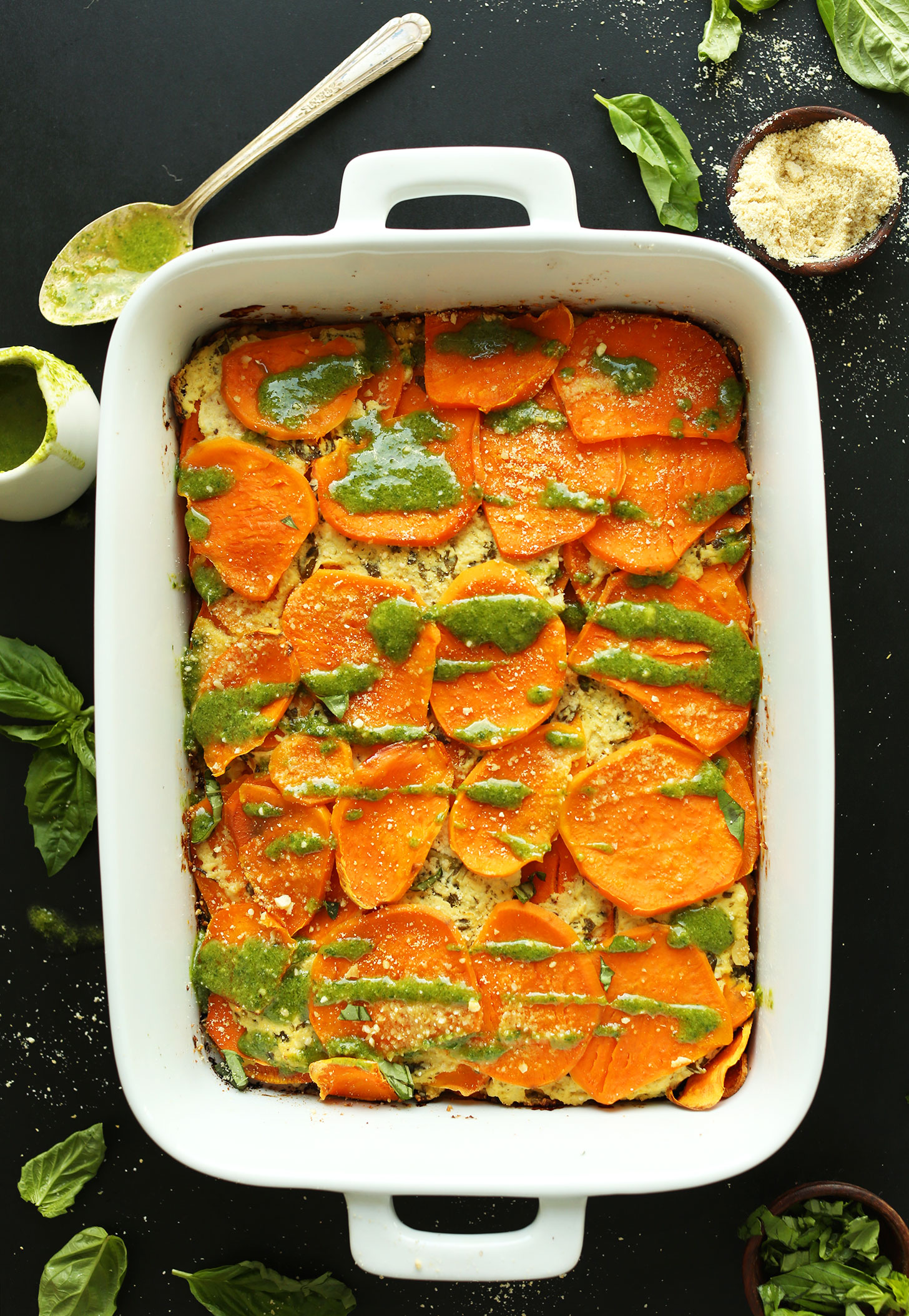 Baking pan filled with Vegan Sweet Potato Lasagna