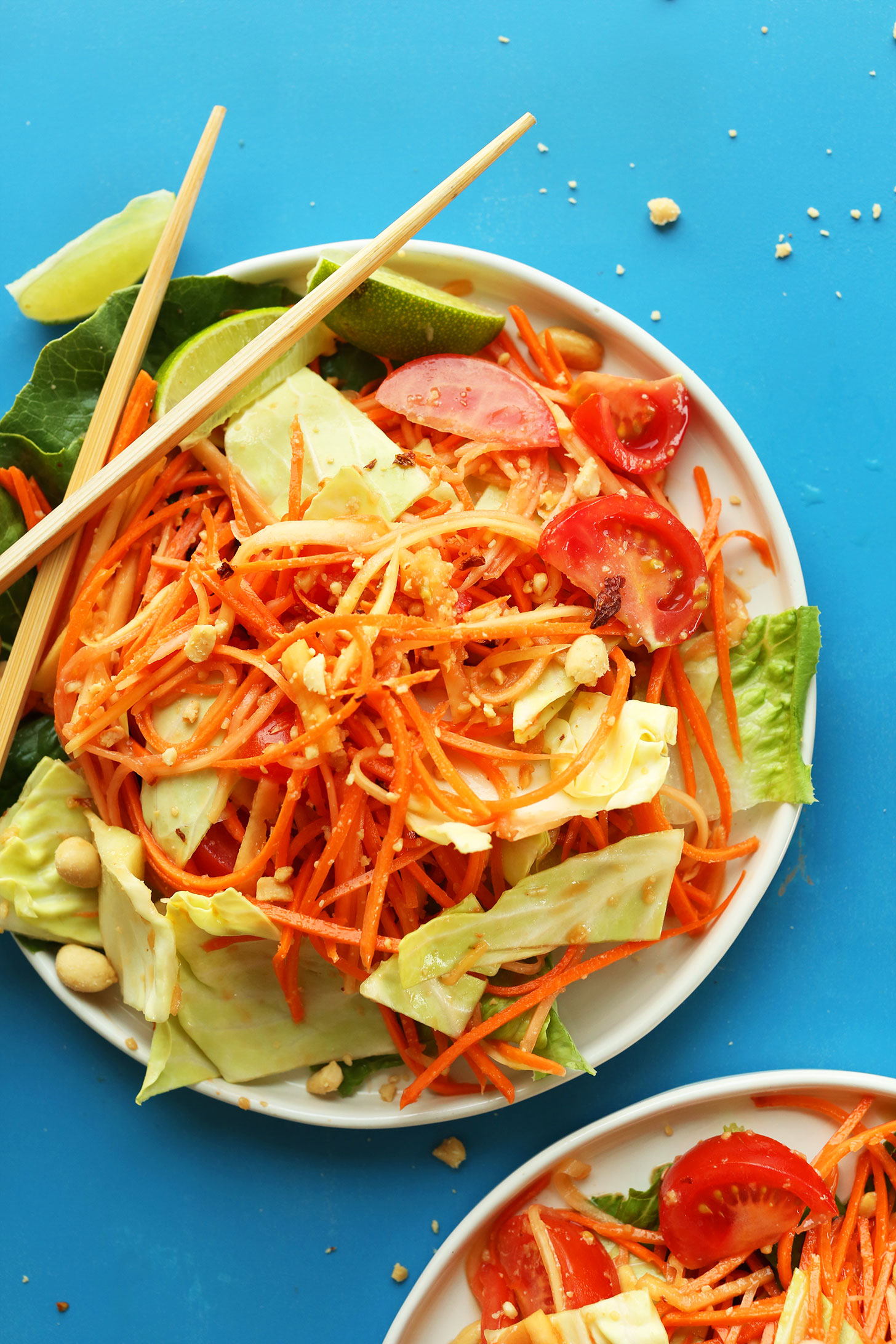 Plate of our gluten-free vegan Thai Papaya Salad with sweet and spicy sauce