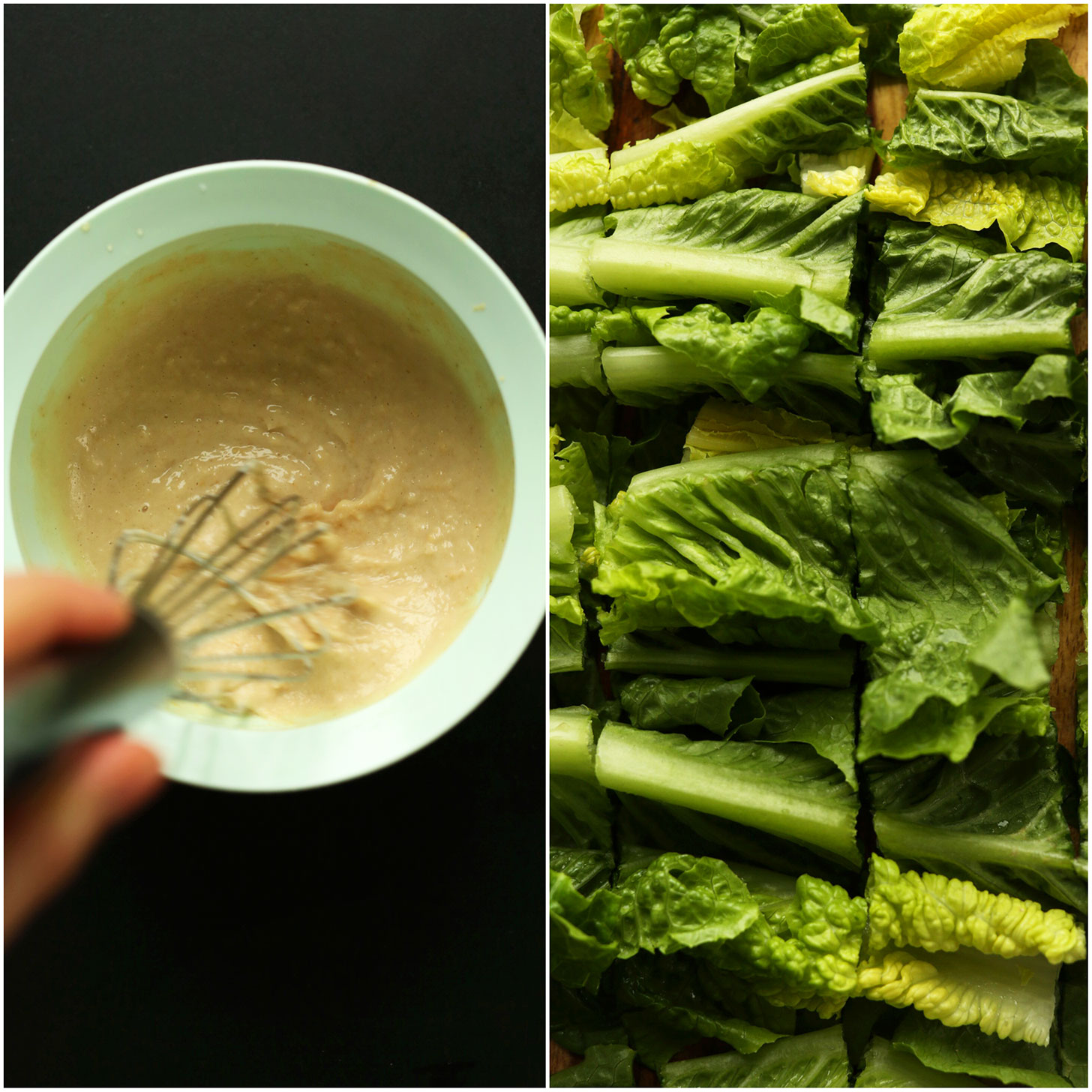 Photos of freshly chopped romaine and a hummus dressing for making vegan wraps