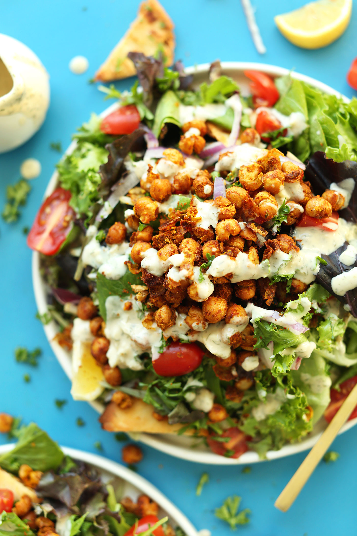 Big serving of our gluten-free vegan Chickpea Shawarma Salad with hummus dressing