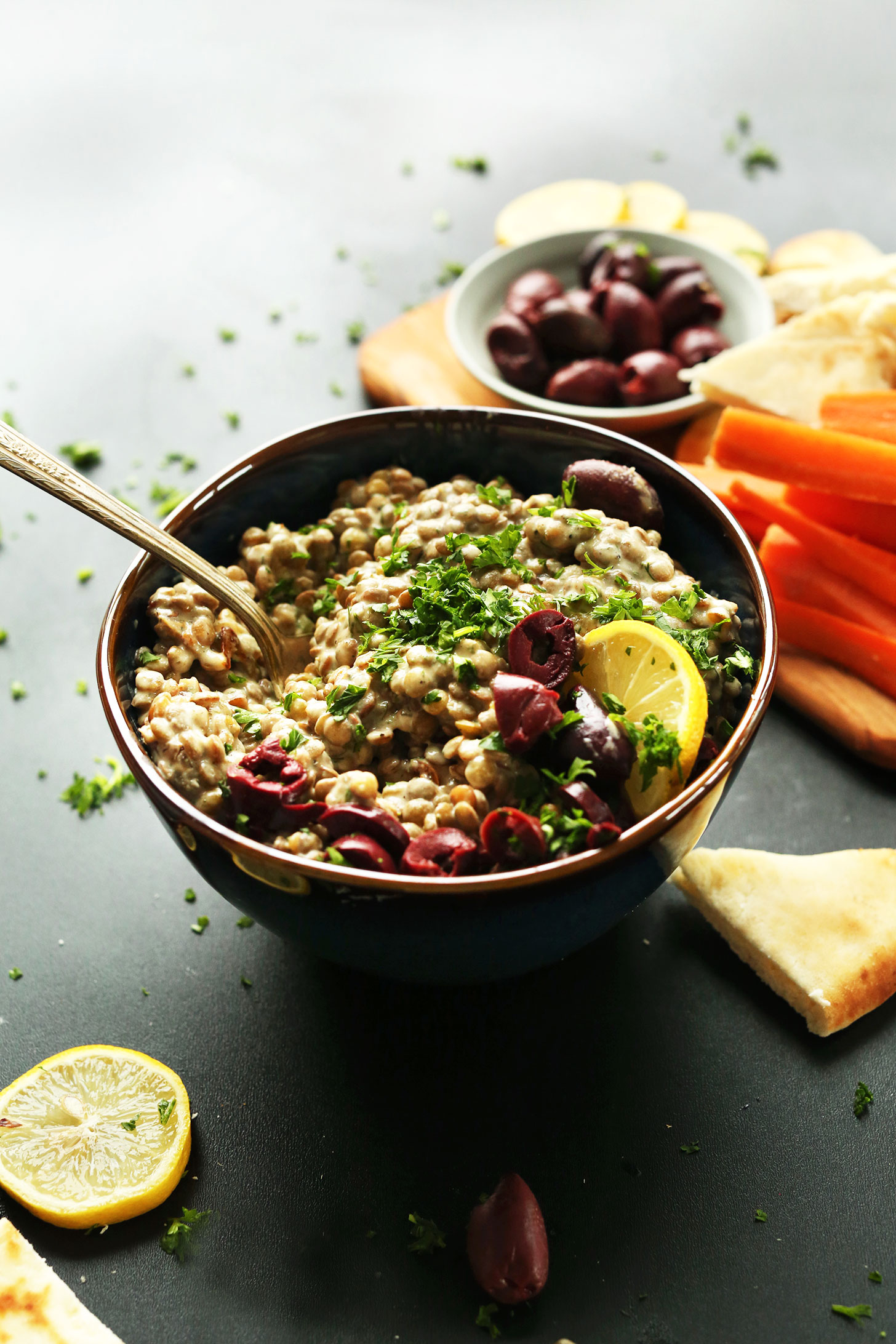 Bowl of our flavorful Lentil Dip recipe that makes an excellent plant-based snack