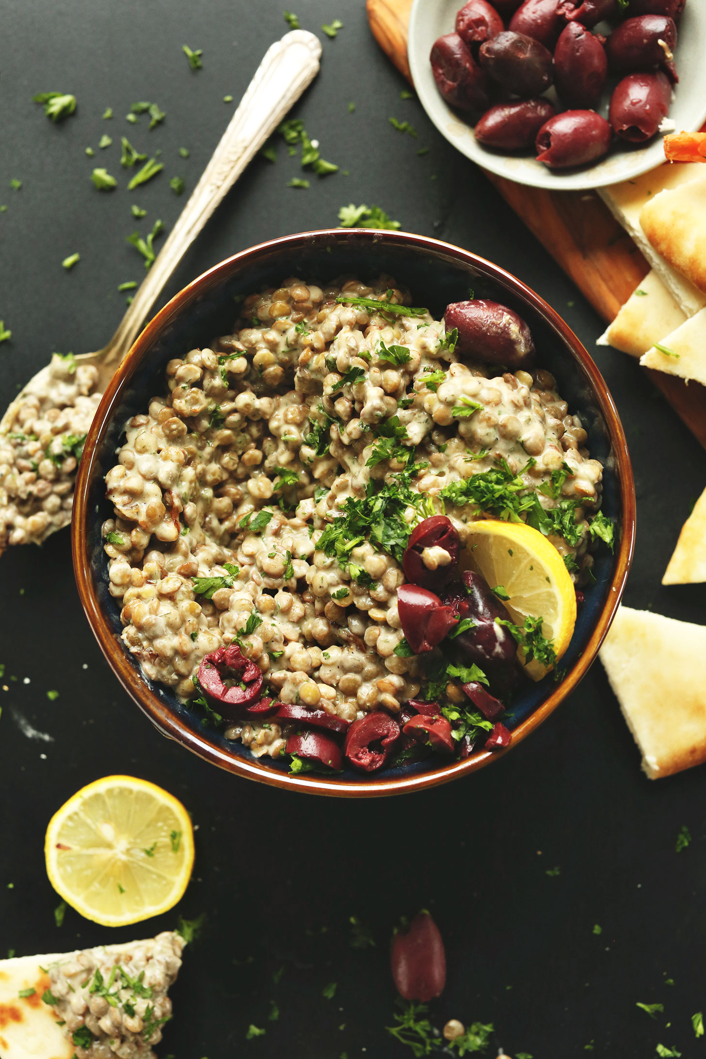 Bowl of our gluten-free vegan Mediterranean Lentil Dip made with shallot, garlic, hummus, lemon and tahini