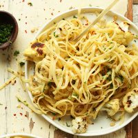 Big plate of Vegan Garlicky Spicy Pasta with Roasted Cauliflower