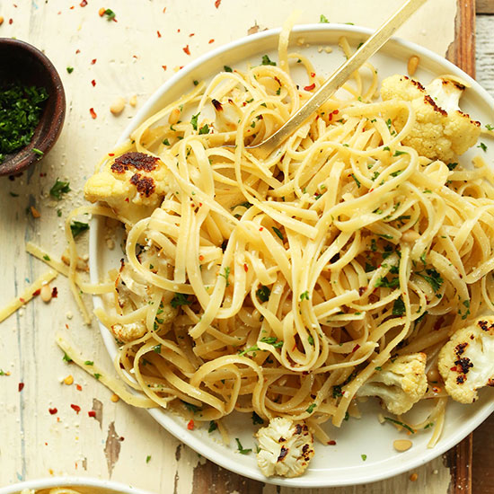 Big plate of Vegan Garlicky Spicy Pasta with Roasted Cauliflower