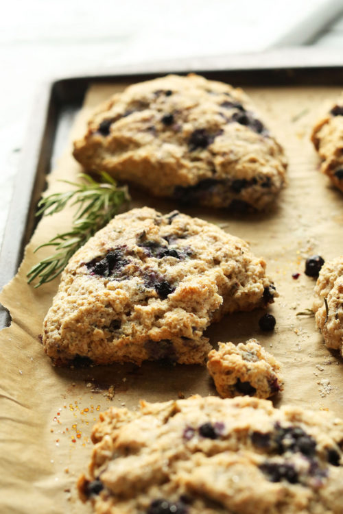 Tray of freshly baked Vegan Blueberry Rosemary scones