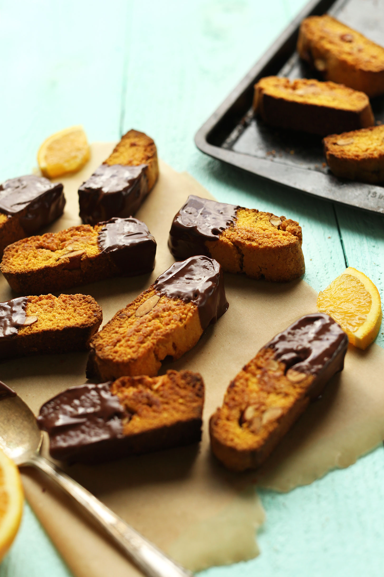 Close up shot of a batch of our crispy and sweet Orange Almond Biscotti recipe