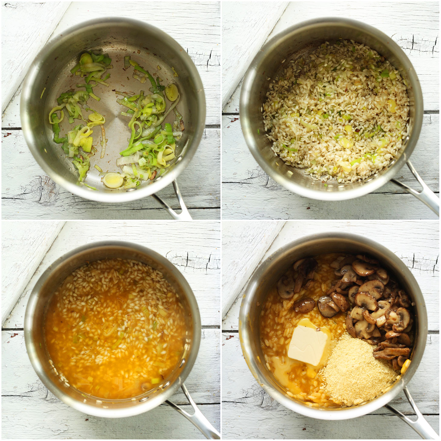 Photos showing steps for making gluten-free vegan Risotto with Mushrooms and Leeks