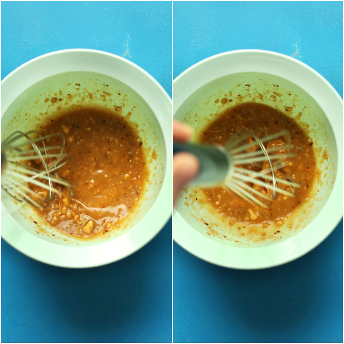 Whisking ingredients to make a zingy, spicy, and sweet dressing for our Thai Papaya Salad recipe