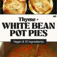 Overhead photo of a batch of thyme & white bean pot pie and another photo of the vegetable white bean filling with text that says vegan and 10 ingredients