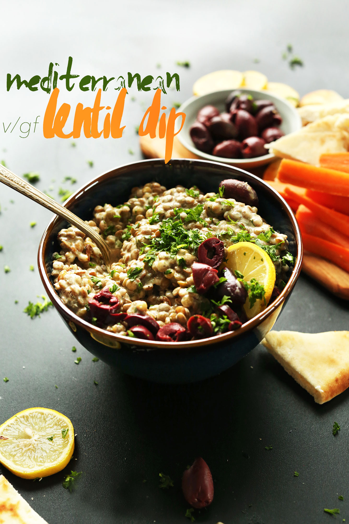 Big bowl of our Mediterranean Lentil Dip for the perfect vegan appetizer