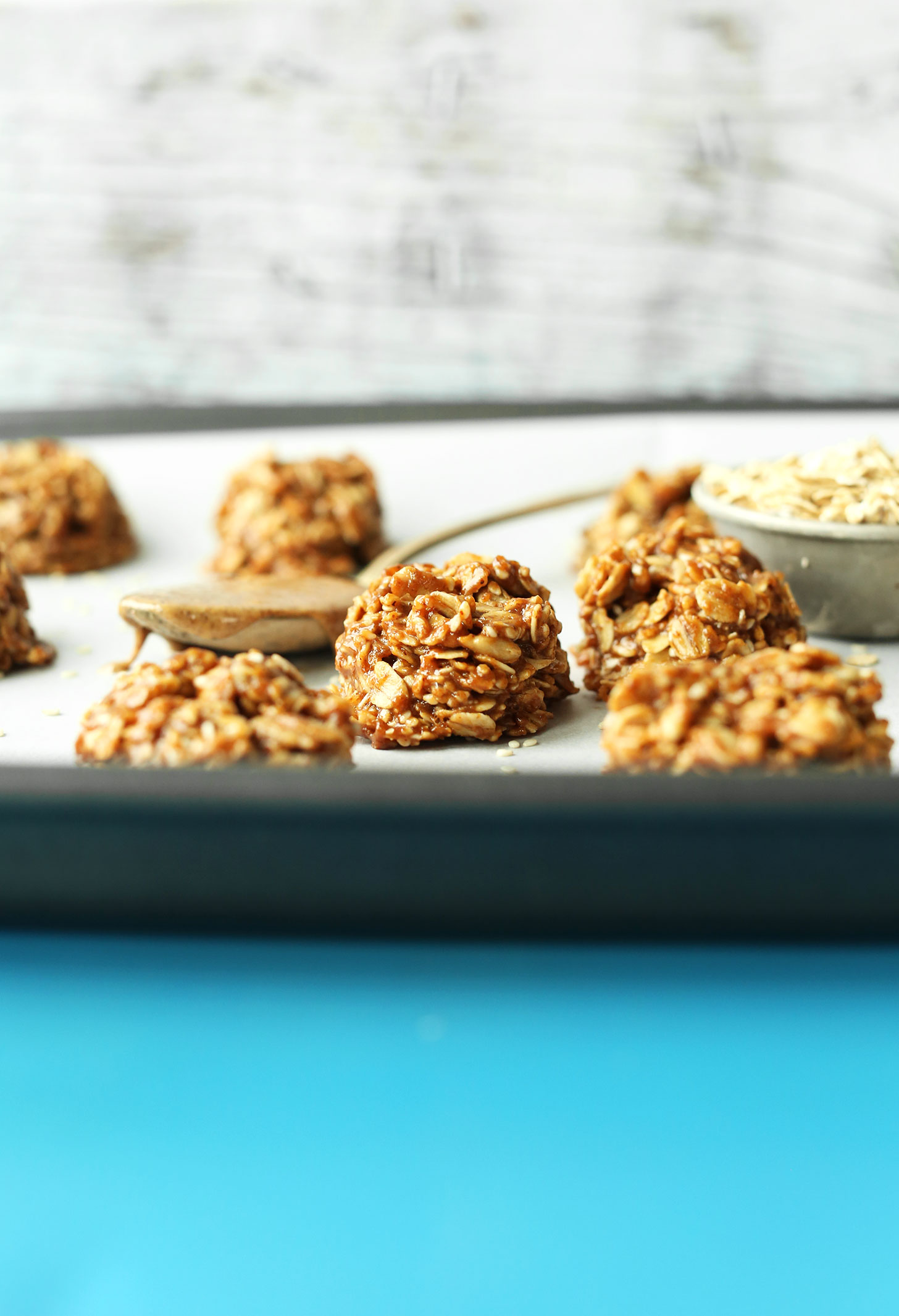 Naturally-sweetened Almond Butter No-Bake Cookies on a baking sheet