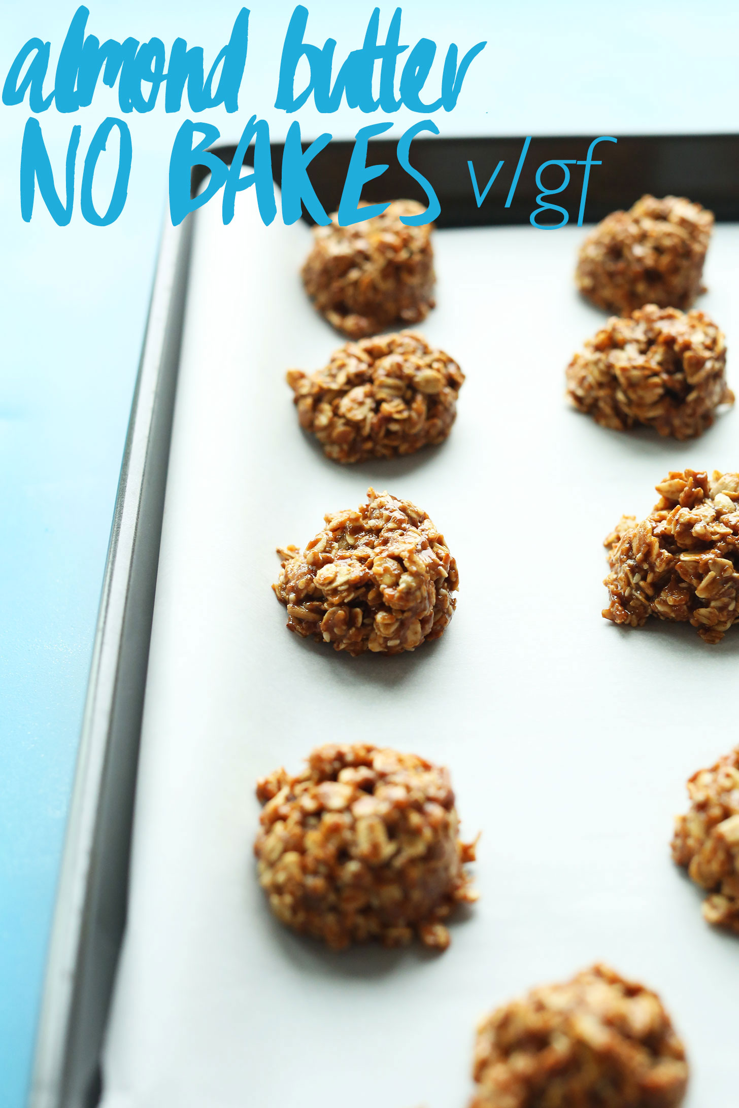Parchment-lined baking sheet with our gluten-free vegan Almond Butter No-Bake Cookies