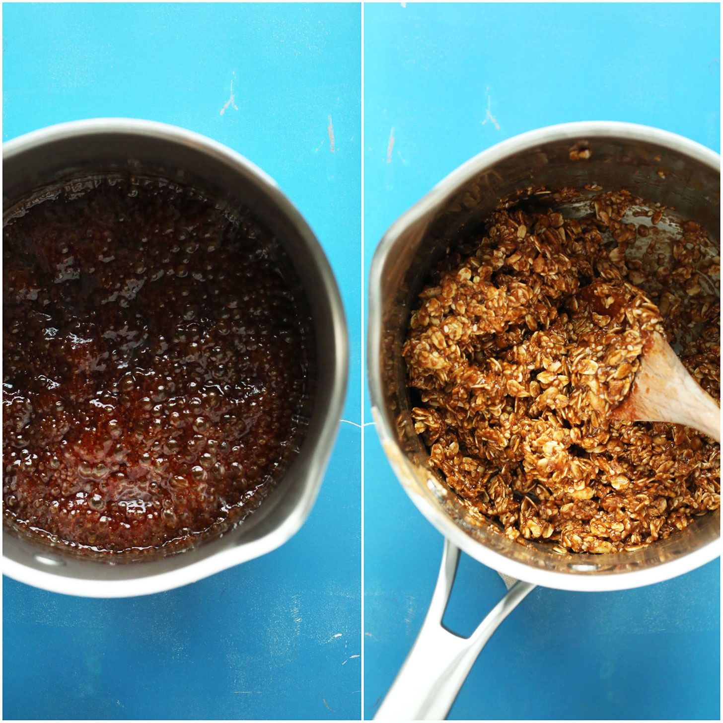 Cooking the batter for our easy Almond Butter No-Bake Cookies