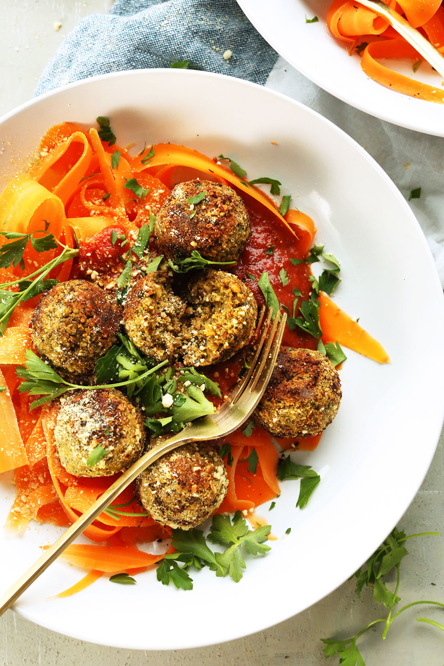 Top down shot showing the hearty texture of our gluten-free vegan lentil meatballs