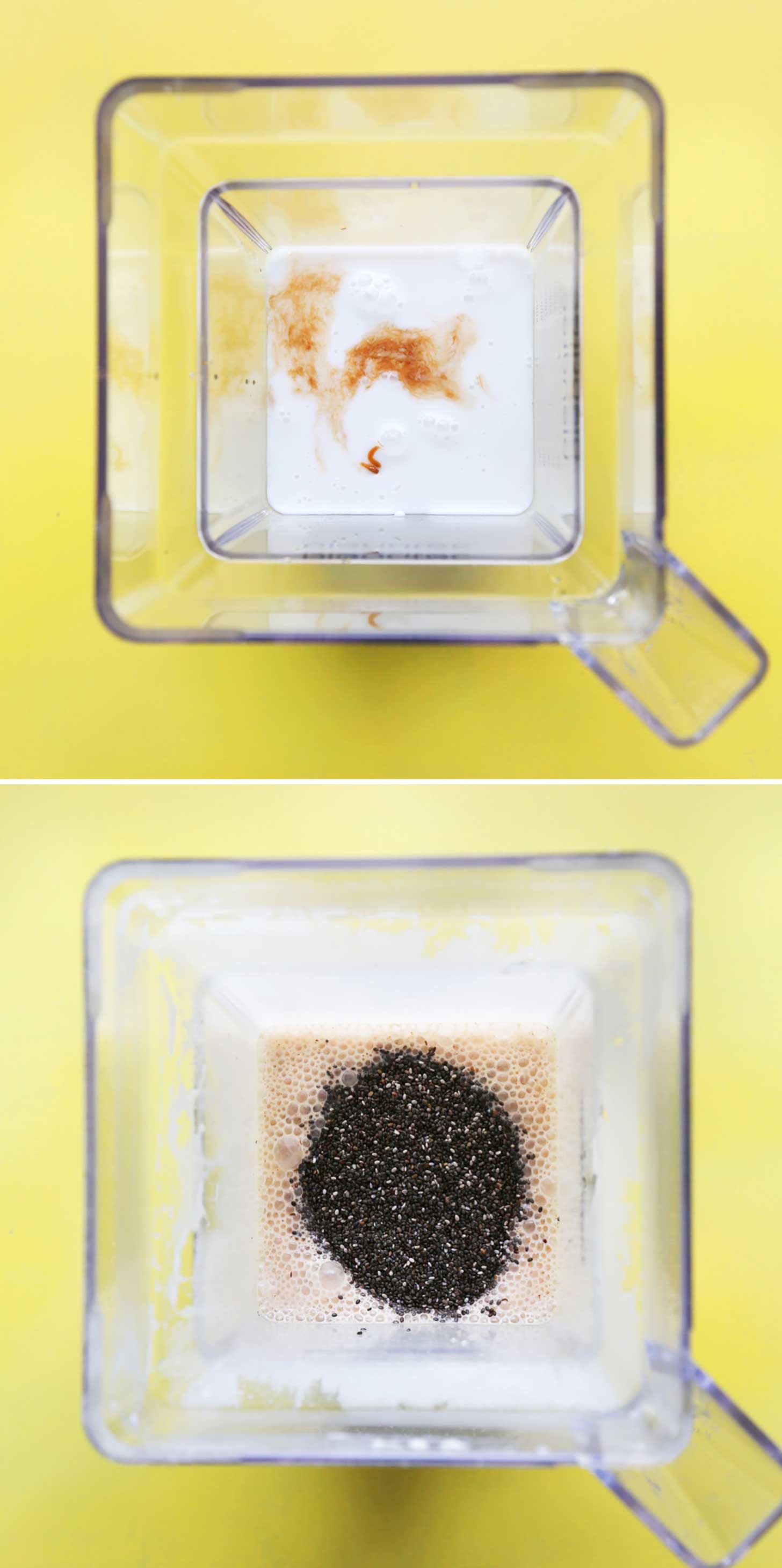 Blender with ingredients for making our easy Peanut Butter Chia Pudding recipe