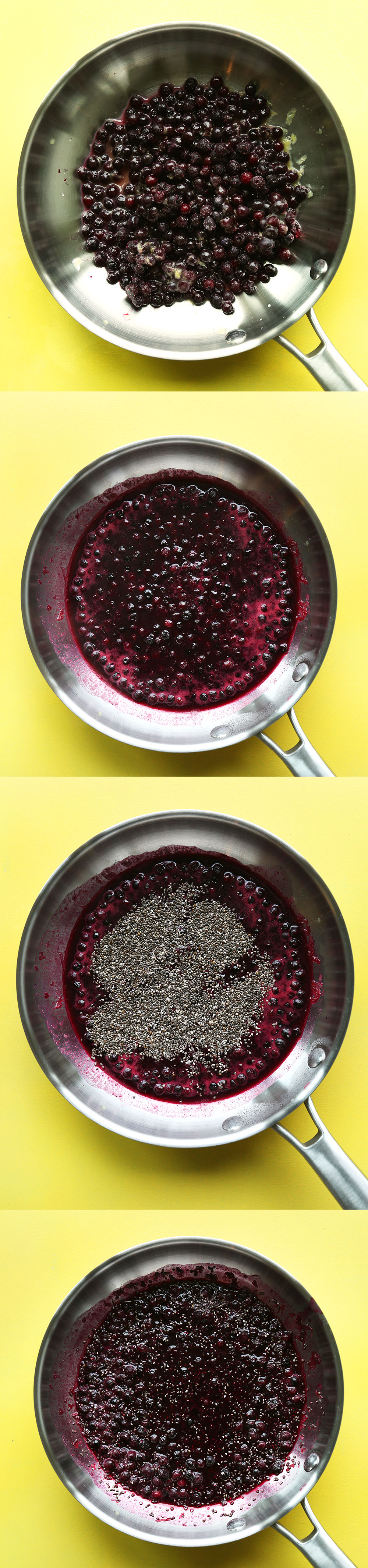 Cooking blueberries in a pan for healthy blueberry chia seed compote