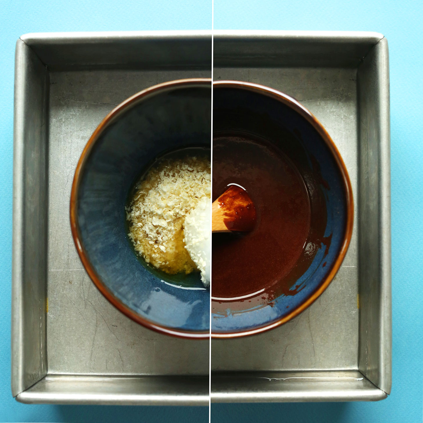 Before and after photos showing the process of making raw vegan chocolate