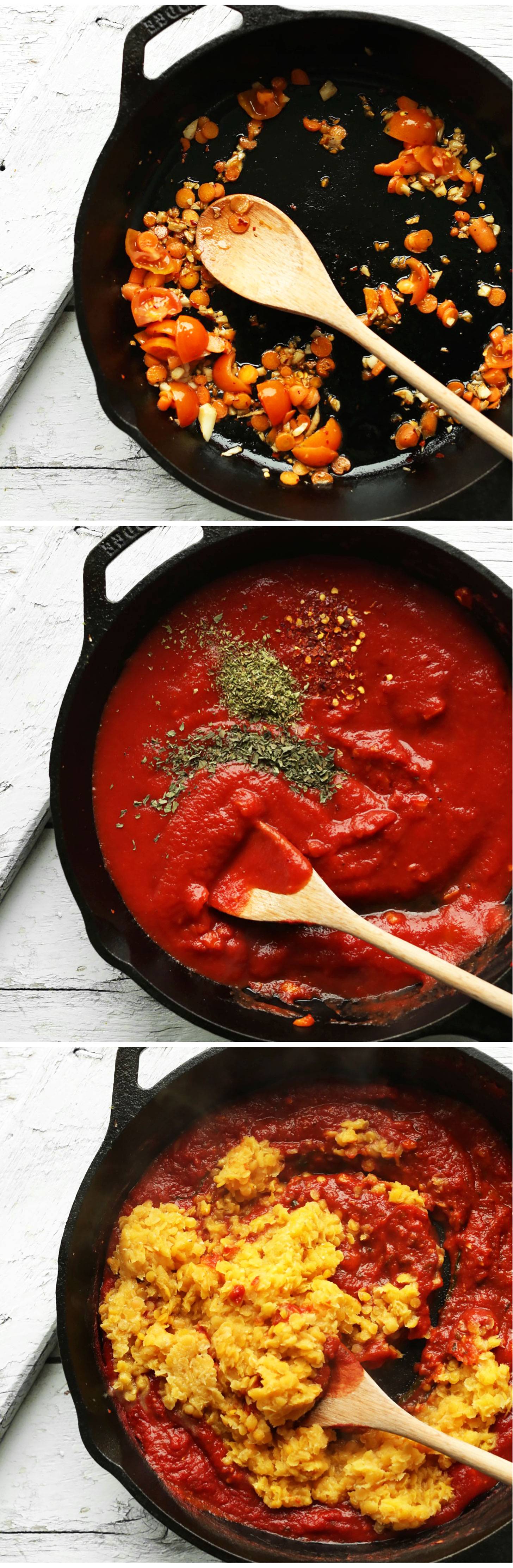 Cooking our Spicy Red Lentil Pasta recipe in a cast-iron skillet