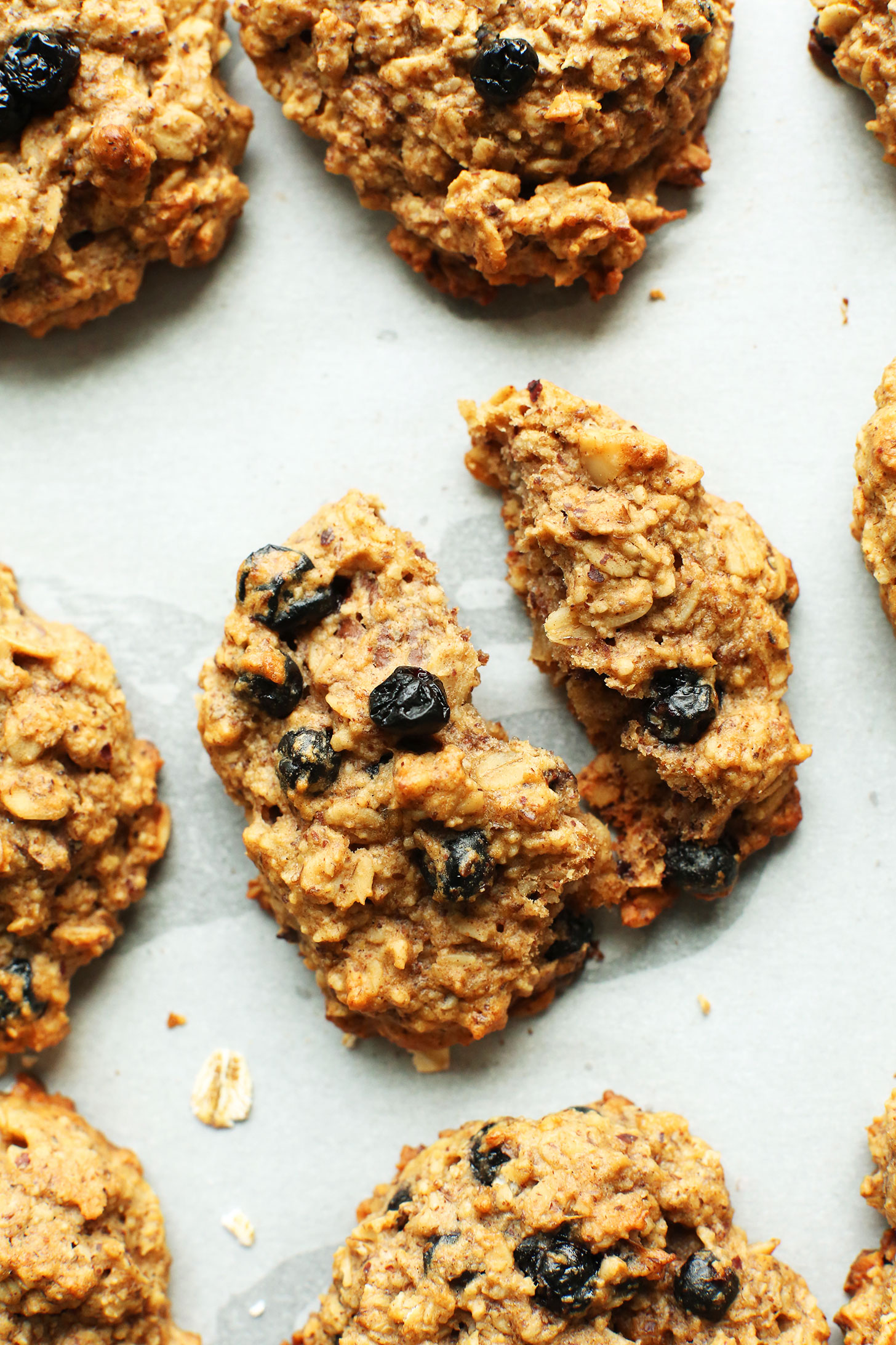 Healthy gluten-free vegan Blueberry Muffin Breakfast Cookies on a baking sheet