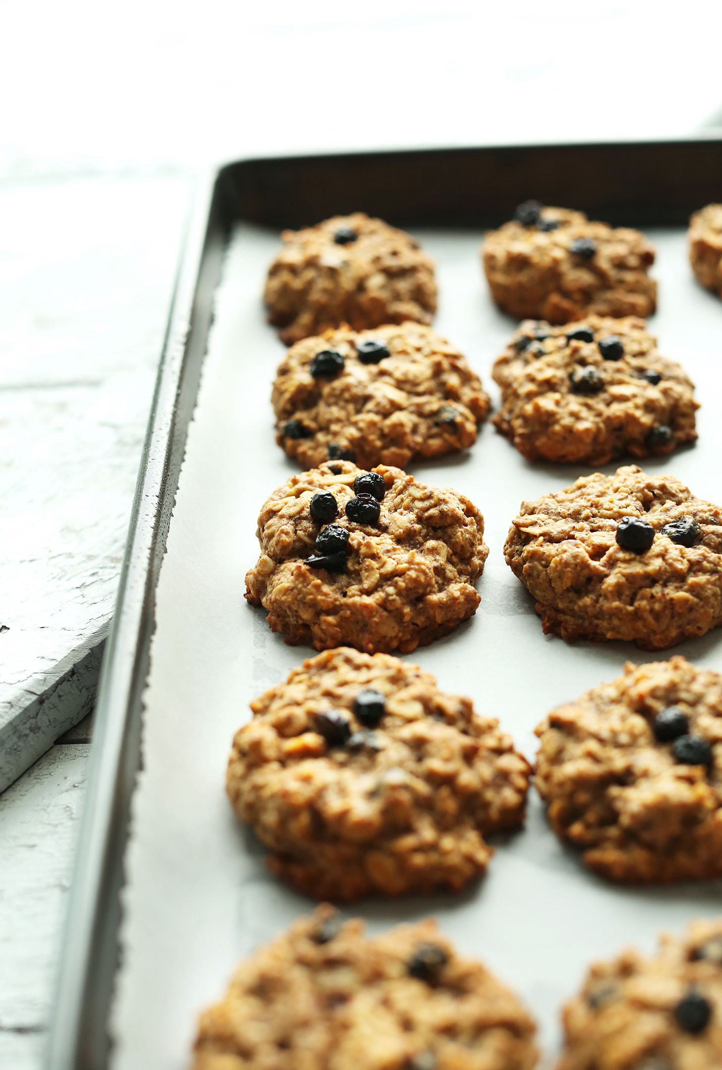 Baking sheet with freshly baked and naturally-sweetened Blueberry Muffin Breakfast Cookies