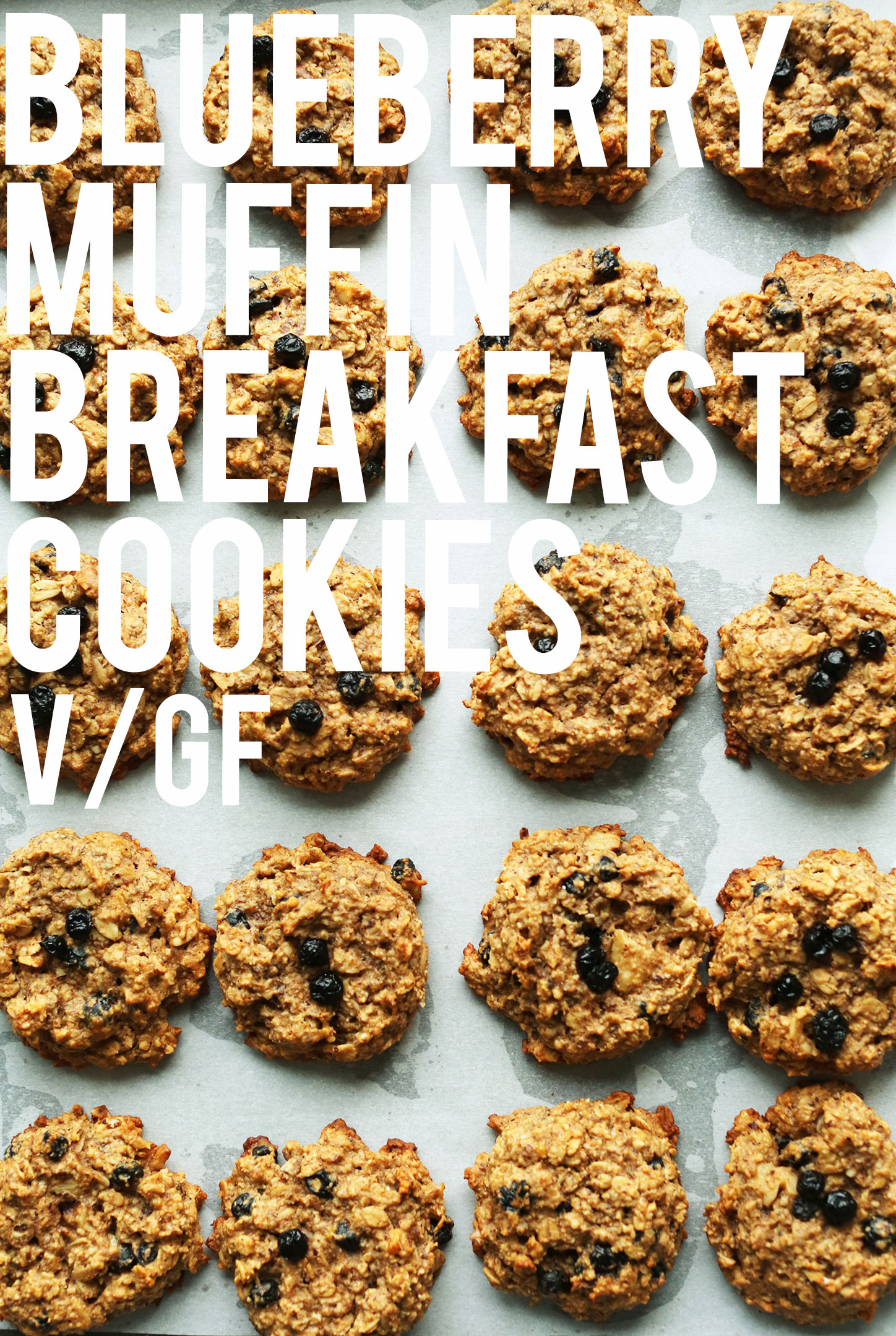 Baking sheet full of our gluten-free vegan Blueberry Muffin Breakfast Cookies recipe