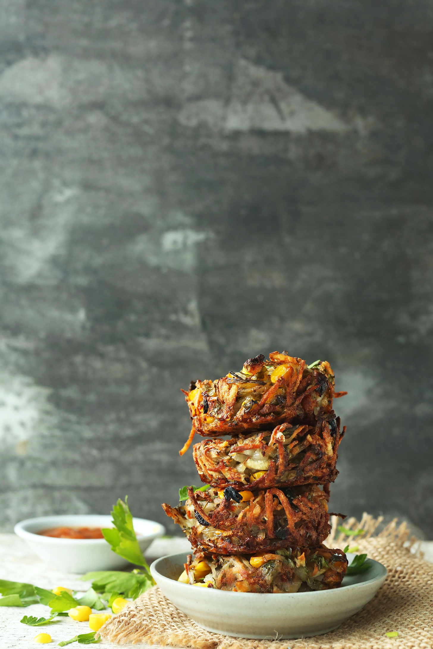 Stack of our Crispy Hash Brown Haystacks for a healthy vegan brunch recipe