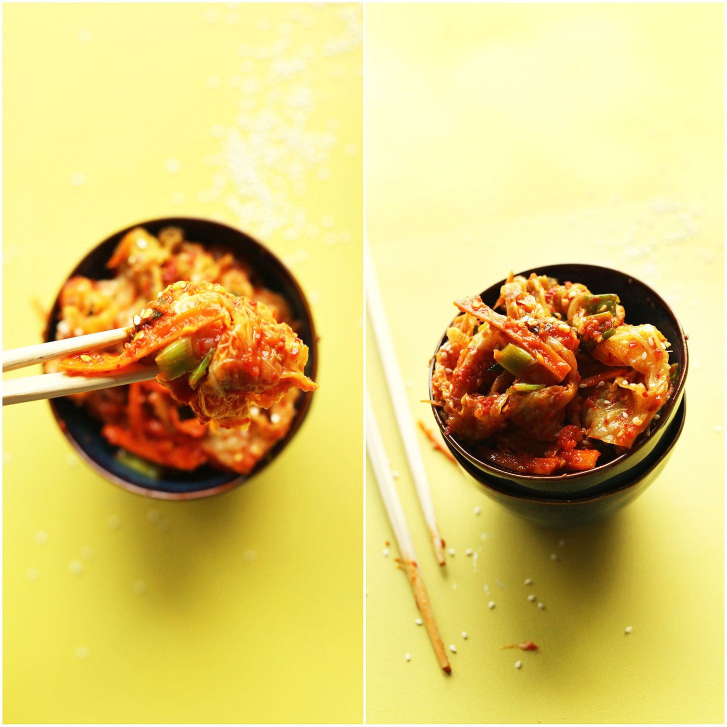 Using chopsticks to grab a bite of our delicious vegan kimchi
