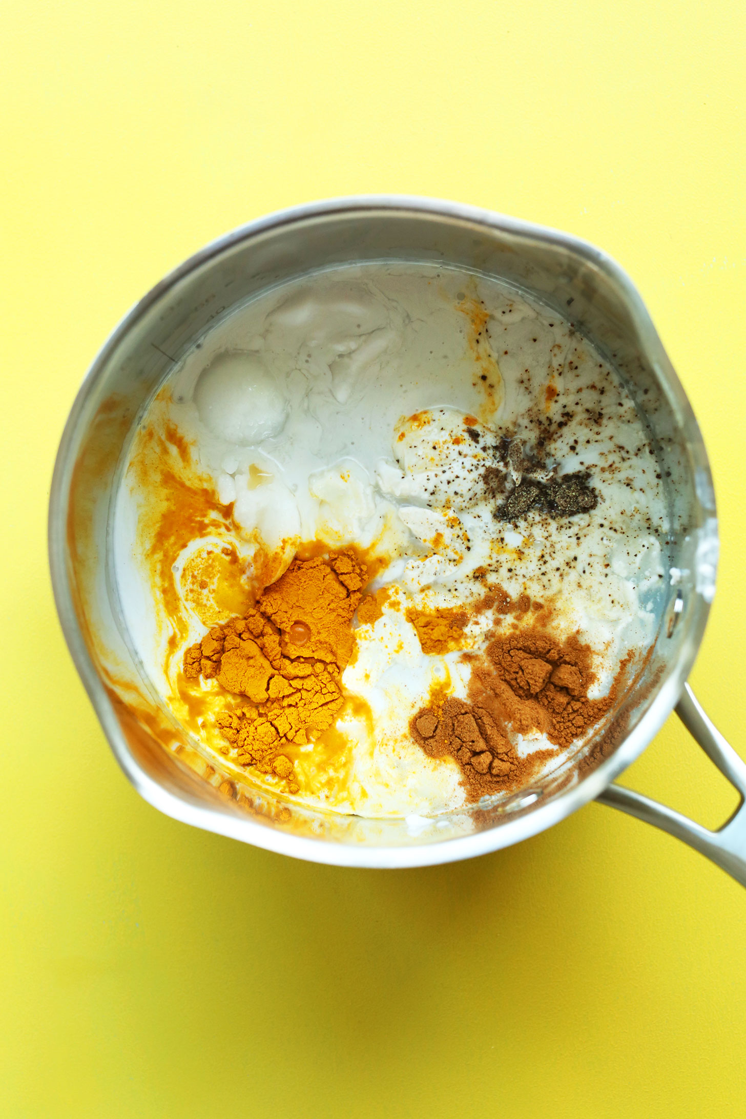 Mixing spices and coconut milk to make homemade vegan ice cream