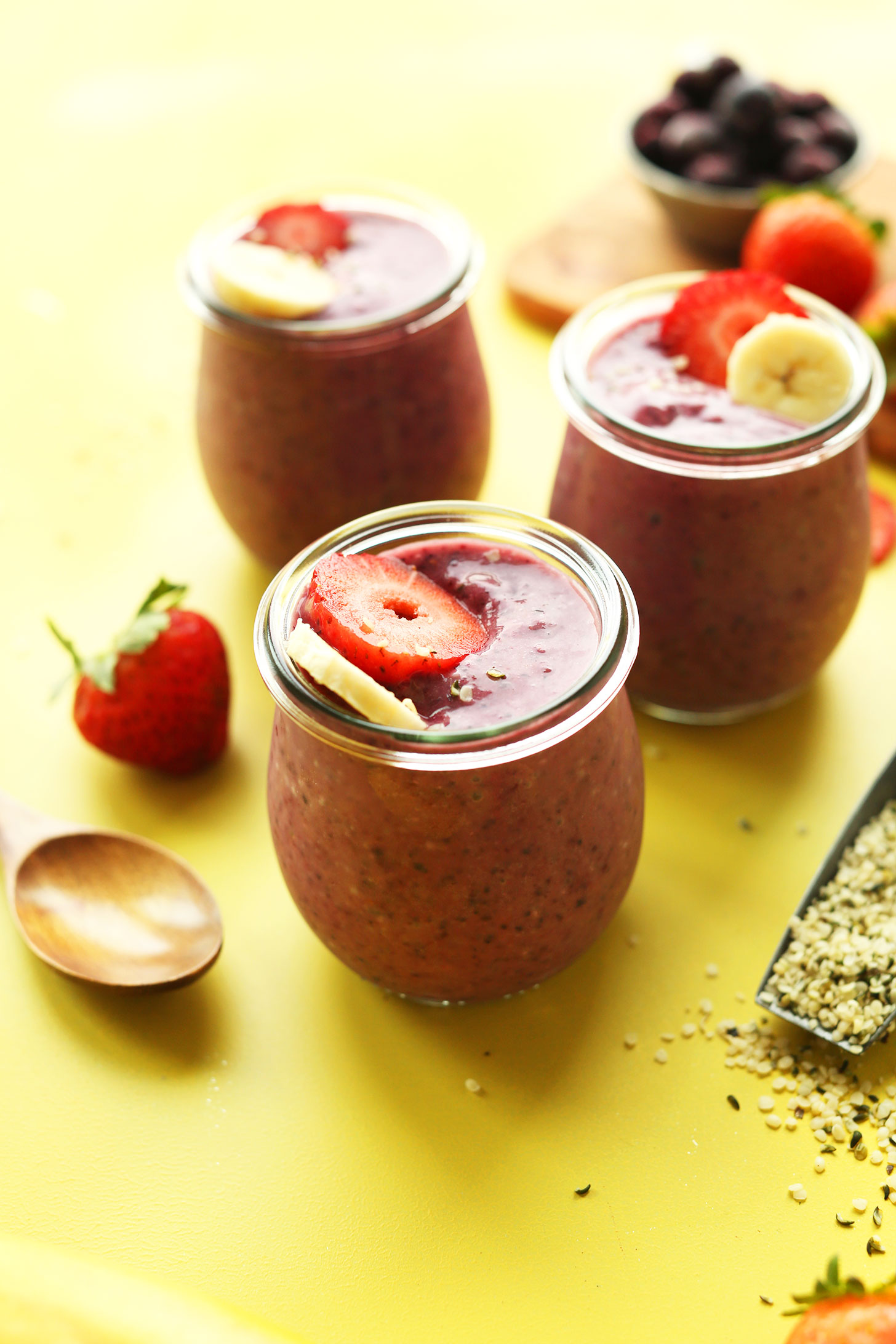 Jars of our homemade Banana and Hempseed Berry Pudding for a delicious vegan breakfast or snack