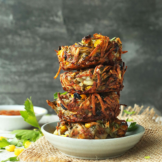 Bowl filled with a stack of Crispy Hash Brown Haystacks