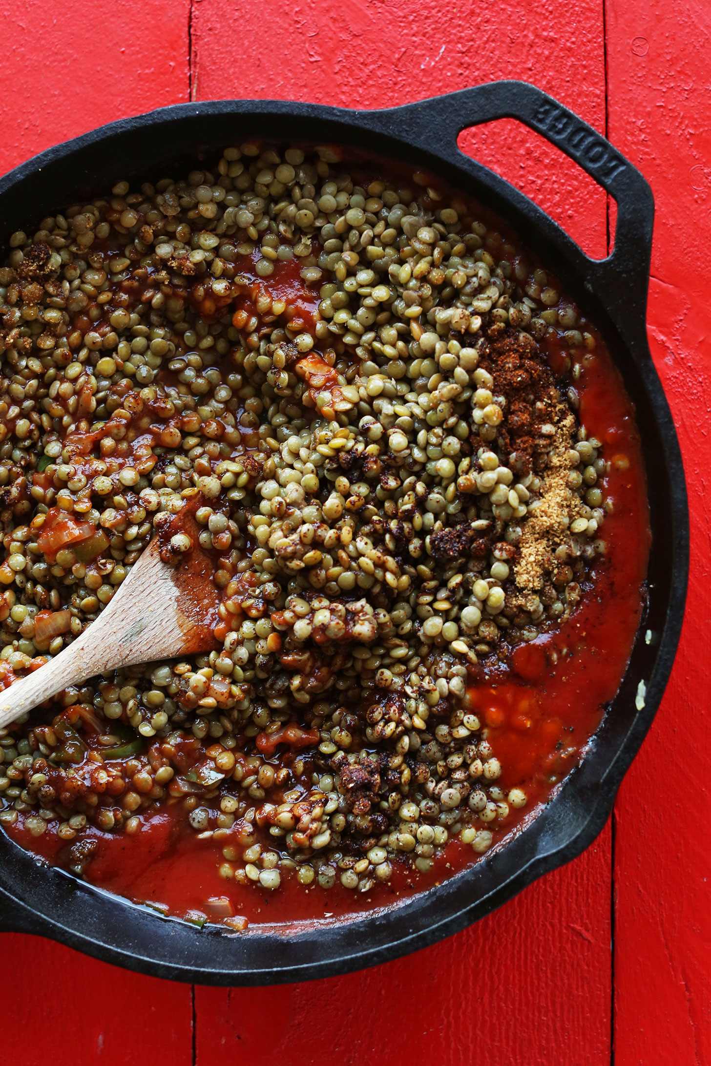 Making simple gluten-free vegan sloppy joes in a cast-iron skillet