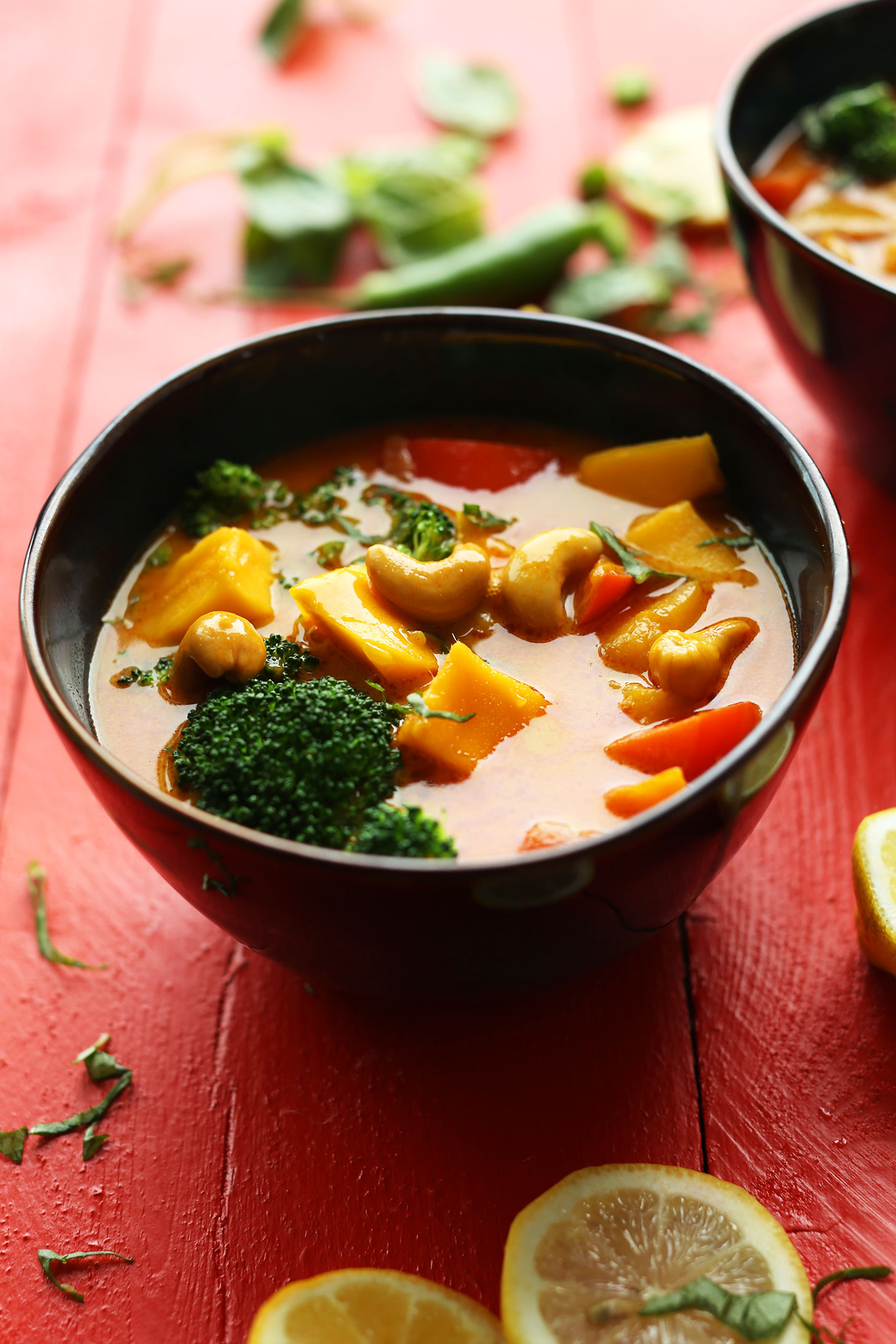 Bowl of our delicious Yellow Thai Mango Curry with Red Pepper and Cashews