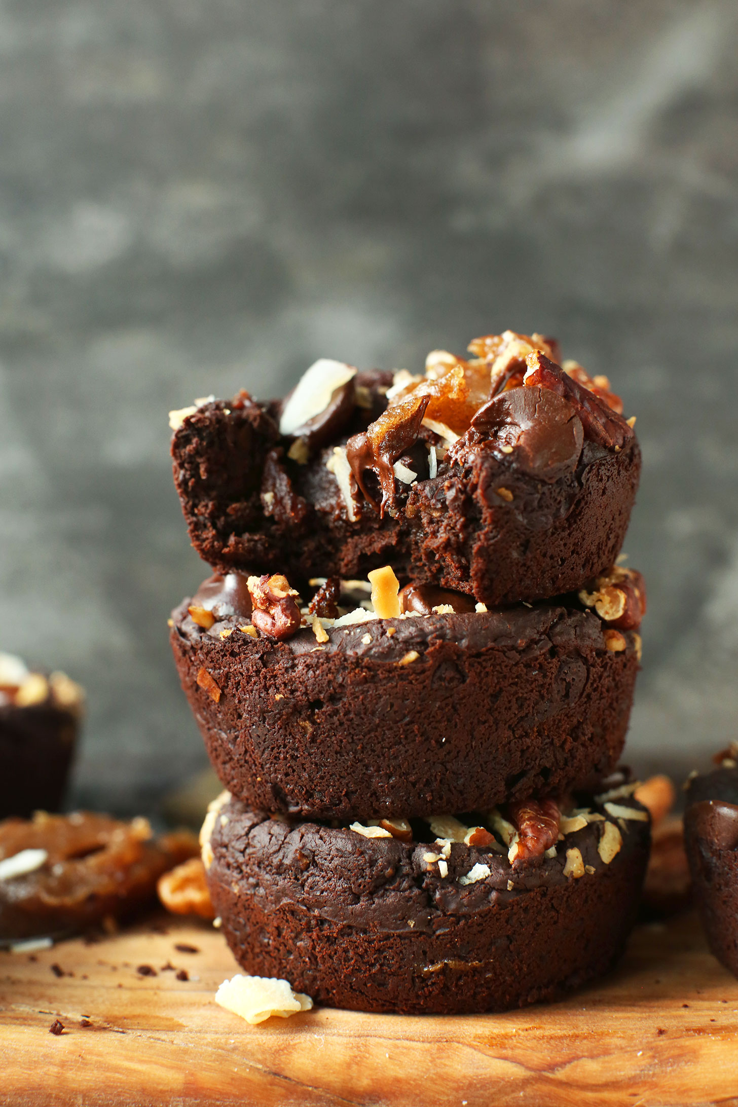 Stack of Fudgy Rich gluten-free vegan Black Bean Turtle Brownies