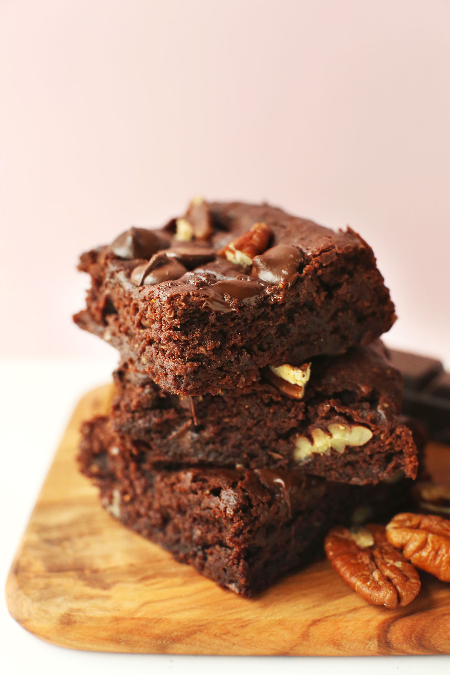 Close up shot of a stack of our vegan gluten-free brownies