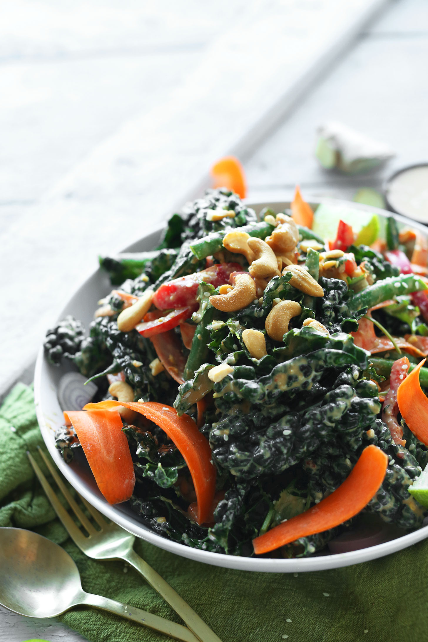 A big bowl of our quick and easy Thai Kale Salad with Cashew Dressing