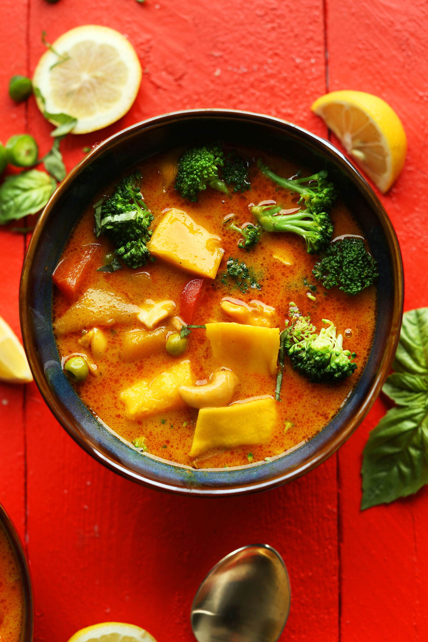 Bowl of our delicious Yellow Thai Mango Curry with Red Pepper and Cashews