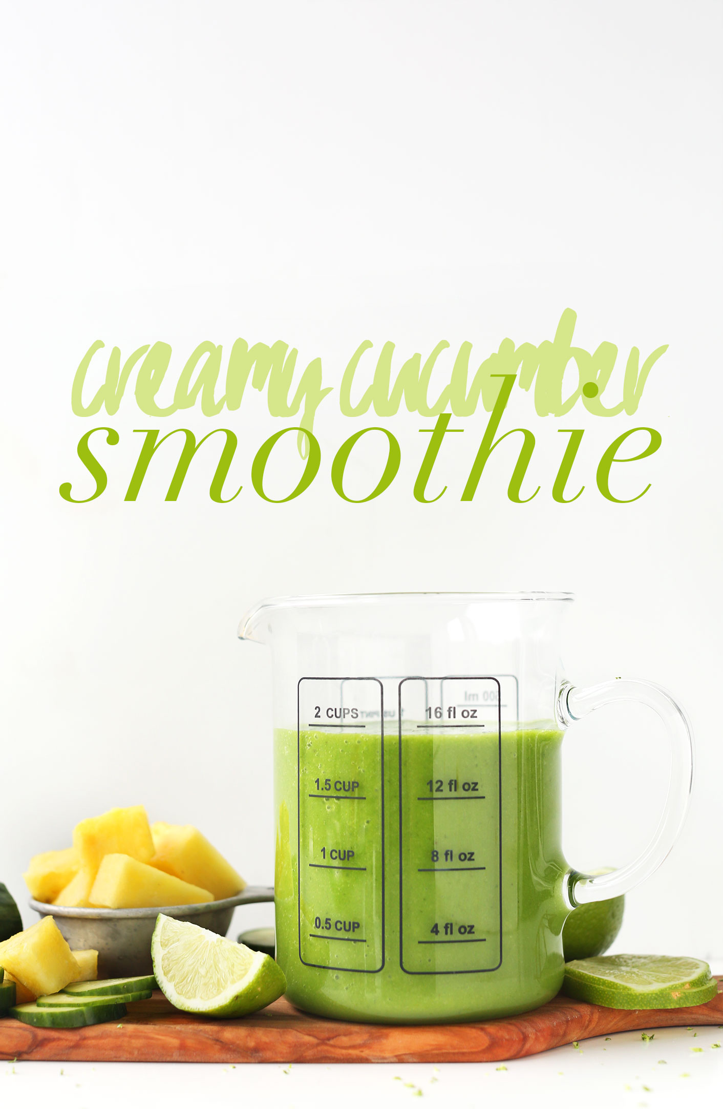 Measuring glass filled with our gluten-free vegan Creamy Cucumber Smoothie recipe