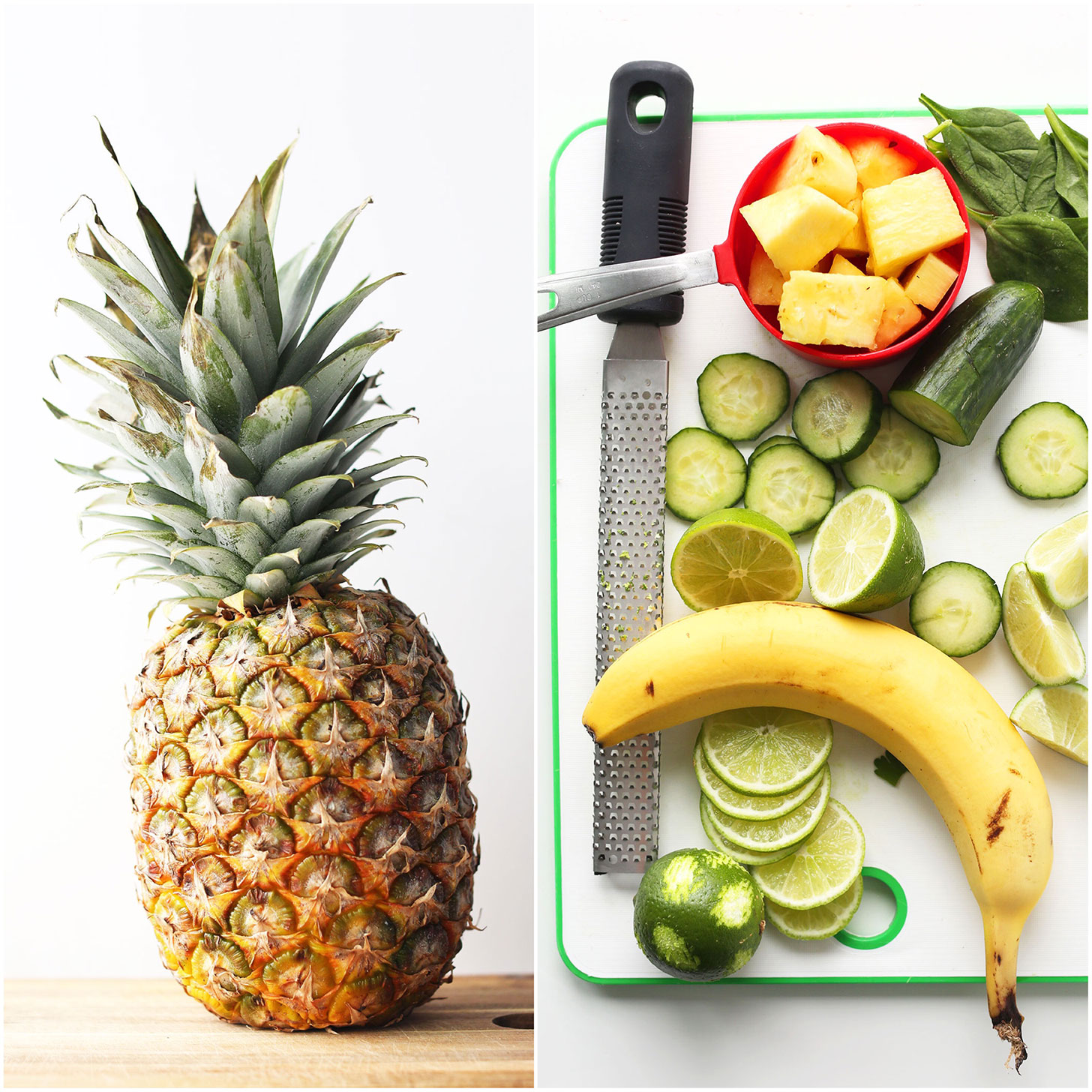 Banana, pineapple, cucumber, lime for making a healthy vegan Creamy Cucumber Smoothie