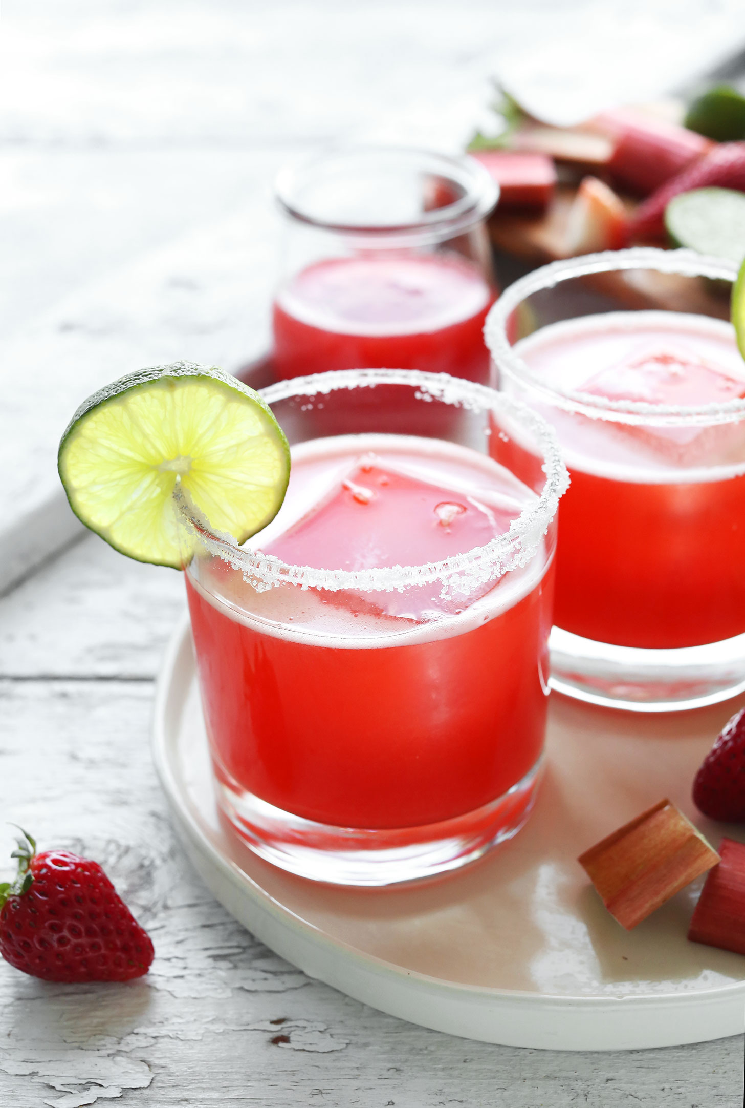 Glasses of our Strawberry Rhubarb Margarita recipe for a refreshing spring drink