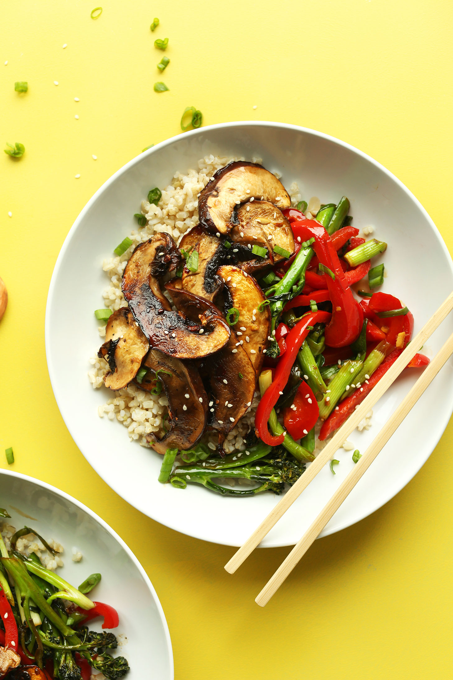 Serving of our flavorful Portobello Mushroom Stir Fry with vegetables for a gluten-free vegan meal