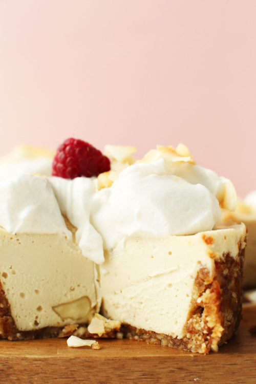 Slice cut out of our Mini White Chocolate Macadamia Nut Cheesecake recipe