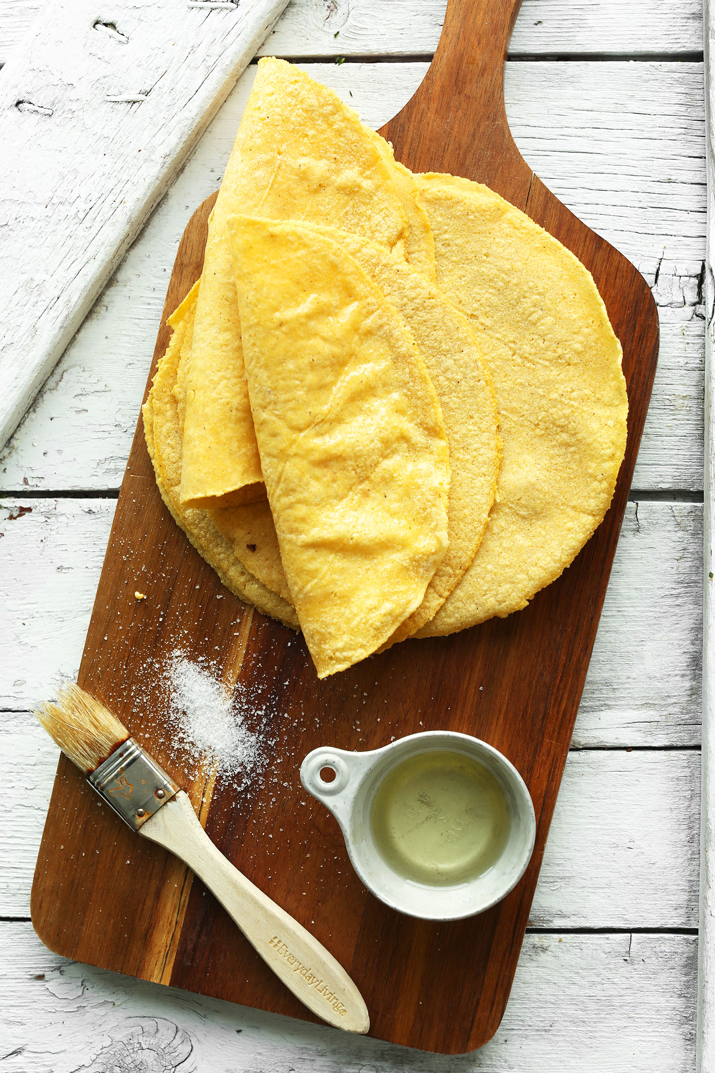 Corn tortillas with avocado oil and salt for brushing on to make a crunchy shell