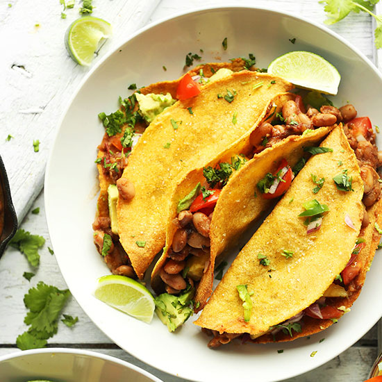 Bowl with three Crispy Baked Tacos topped with Pineapple Salsa
