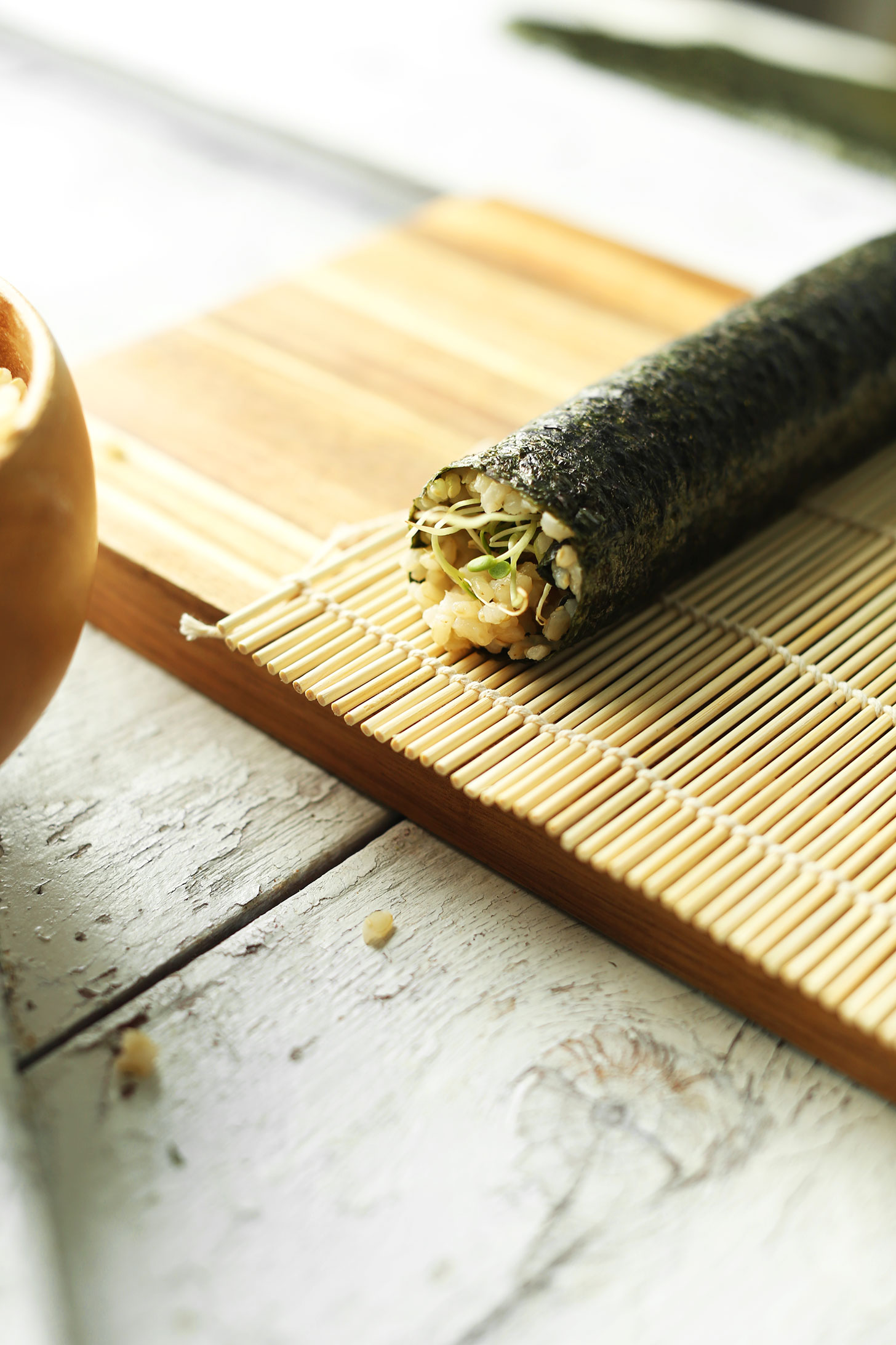 Perfectly rolled plant-based sushi on a bamboo mat
